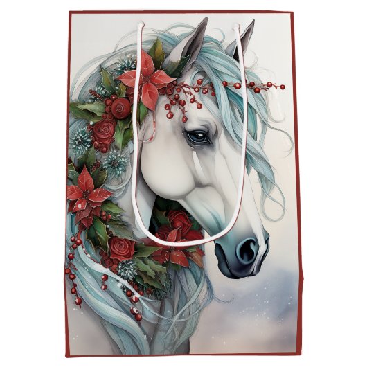 Mooi wit paard met rode bloemen kerst medium cadeauzakje (Achterkant)