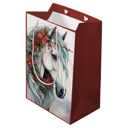 Mooi wit paard met rode bloemen kerst medium cadeauzakje (Achterkant Gekanteld)
