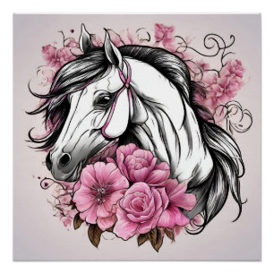 Mooi wit paard met roze bloemen perfect poster