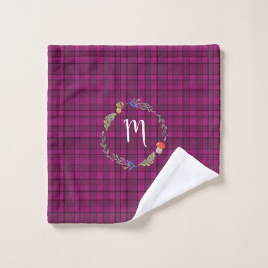 Mooi Woodland Schots Roze Tartan Monogram Bad Handdoek (Wasdoekje)