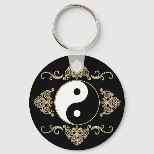 Mooi Yin Yang-ontwerp in zwart-wit en goud Sleutelhanger (Voorkant)