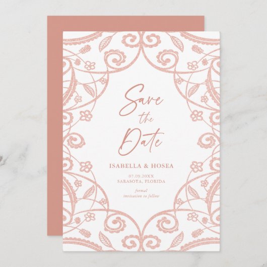 Mooi zachte roze gouden glinsterende bloemrijke ka save the date (Voorkant / Achterkant)