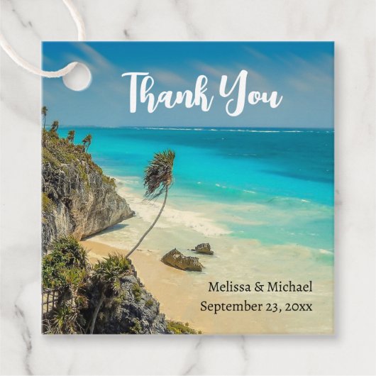 Mooi zandstrand tropisch paradijs bruiloft bedankjes labels (Voorkant)