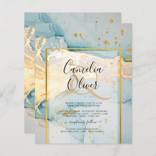 Mooi Zee Glass Gold Wedding Invite Turquoise (Voorkant / Achterkant)