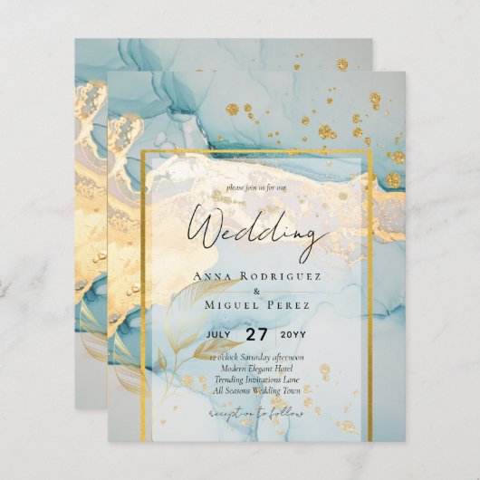Mooi Zee Glass Gold Wedding Invite Turquoise (Voorkant / Achterkant)