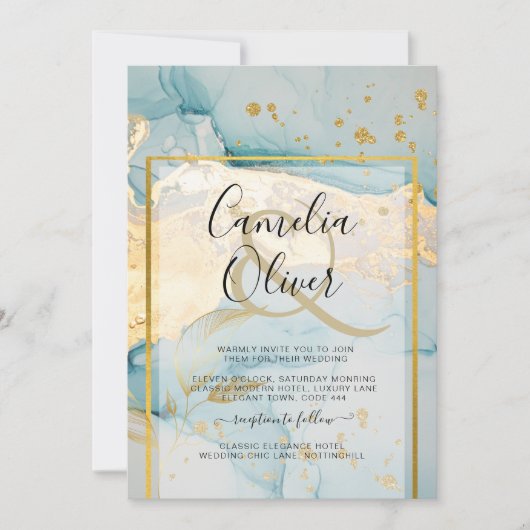 Mooi Zee Glass Gold Wedding Invite Turquoise Kaart (Voorkant)