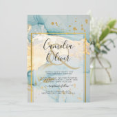 Mooi Zee Glass Gold Wedding Invite Turquoise Kaart (Staand voorkant)