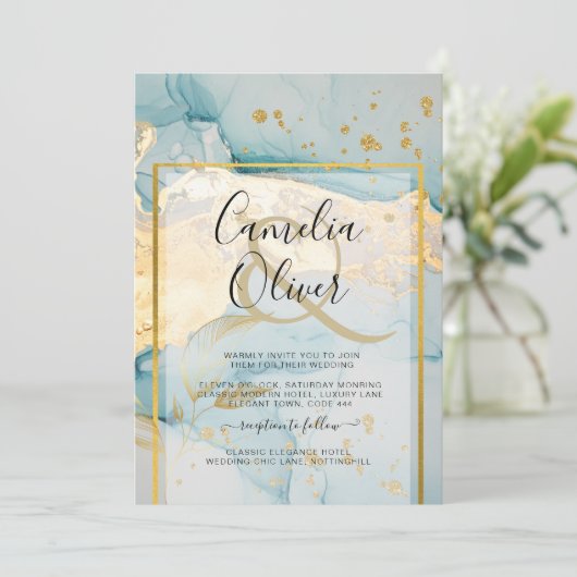 Mooi Zee Glass Gold Wedding Invite Turquoise Kaart (Staand voorkant)