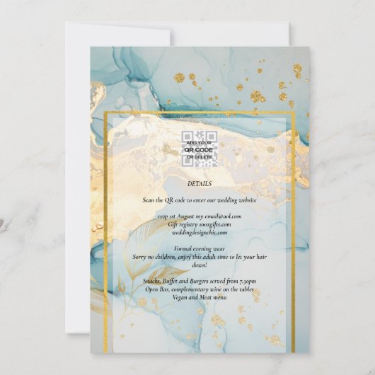 Mooi Zee Glass Gold Wedding Invite Turquoise Kaart (Achterkant)
