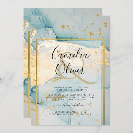 Mooi Zee Glass Gold Wedding Invite Turquoise Kaart (Voorkant / Achterkant)