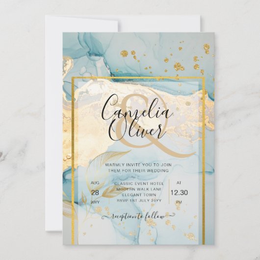 Mooi Zee Glass Gold Wedding Invite Turquoise Kaart (Voorkant)