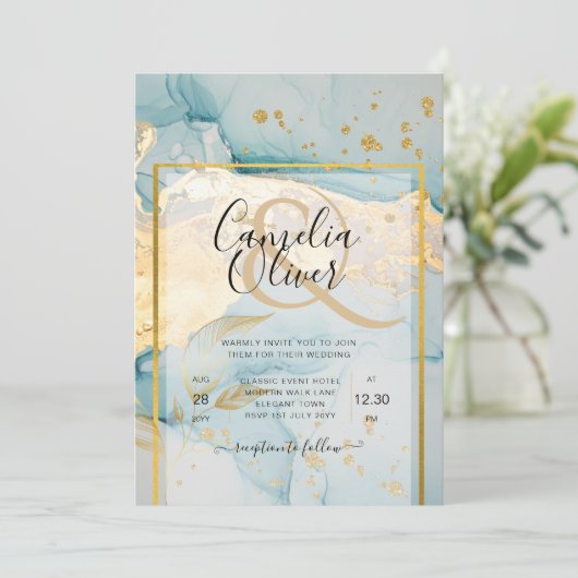 Mooi Zee Glass Gold Wedding Invite Turquoise Kaart (Staand voorkant)