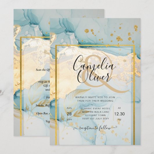 Mooi Zee Glass Gold Wedding Invite Turquoise Kaart (Voorkant / Achterkant)