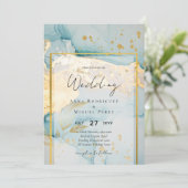 Mooi Zee Glass Gold Wedding Invite Turquoise Kaart (Staand voorkant)