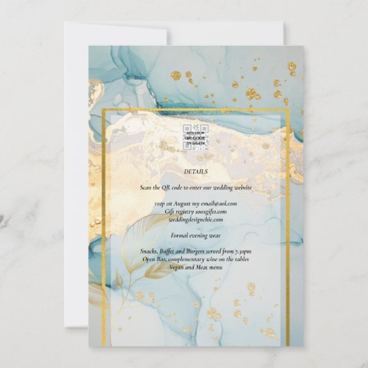 Mooi Zee Glass Gold Wedding Invite Turquoise Kaart (Achterkant)