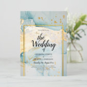Mooi Zee Glass Gold Wedding Invite Turquoise Kaart (Staand voorkant)