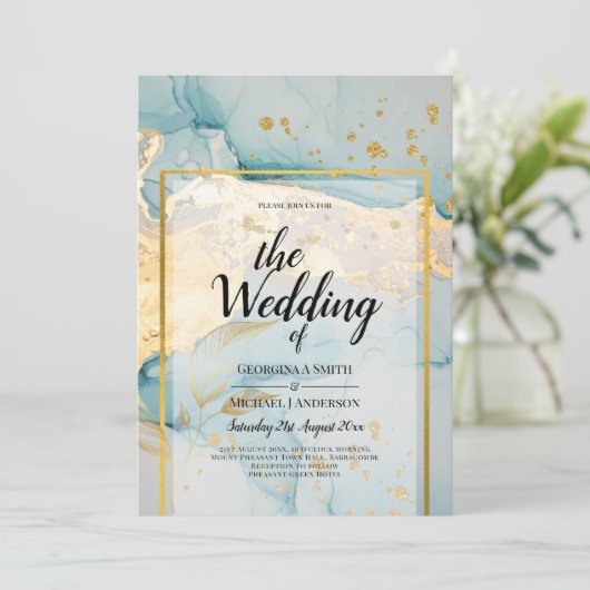 Mooi Zee Glass Gold Wedding Invite Turquoise Kaart (Staand voorkant)