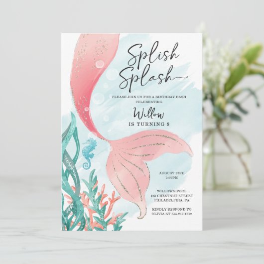 Mooi zeemeermin meisje verjaardagsfeestje kaart (Staand voorkant)