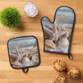 Mooi zeeschelpen Witte Parels Drijfhout Ovenwant & Pannenlap Set