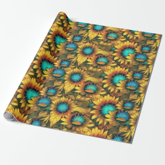 Mooi zonnebloem Geel Blauwgroen Abstract Patroon Cadeaupapier (Uitgerold)