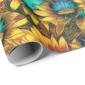 Mooi zonnebloem Geel Blauwgroen Abstract Patroon Cadeaupapier (Rol Hoek)