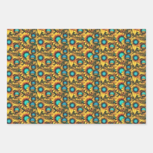 Mooi zonnebloem Geel Blauwgroen Abstract Patroon Inpakpapier Vel (Voorkant 3)