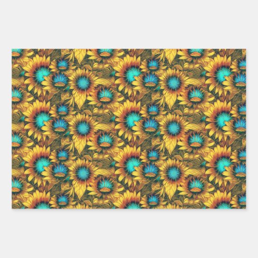 Mooi zonnebloem Geel Blauwgroen Abstract Patroon Inpakpapier Vel (Voorkant 2)