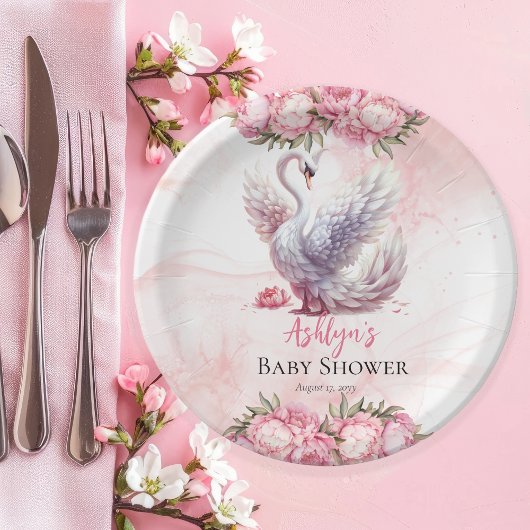 Mooi zwaan roze bloemig meisje Baby shower Papieren Bordje
