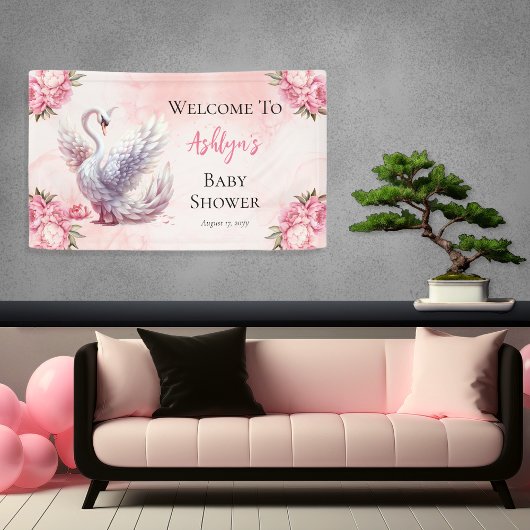 Mooi zwaan roze bloemig meisje Baby shower Spandoek