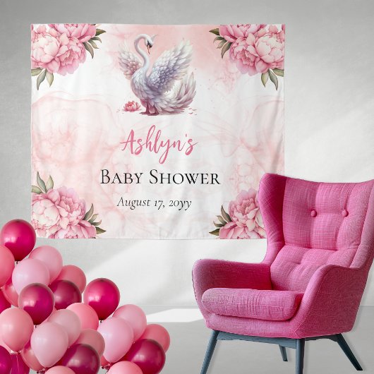 Mooi zwaan roze bloemig meisje Baby shower Wandkleed