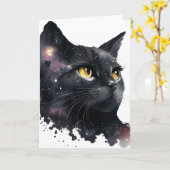 Mooi zwart kosmisch waterverf kat kaart (Gele Bloem)