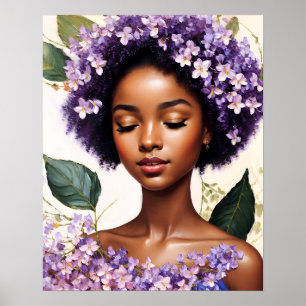 Mooi zwart meisje paarse bloemen portret poster