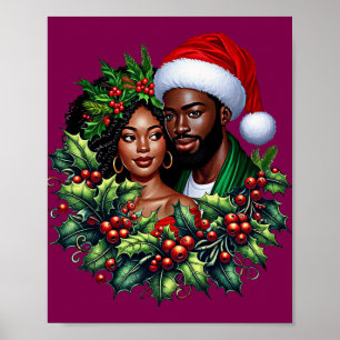 Mooi zwart paar Holly kerstkrans kunst Poster