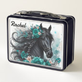 Mooi zwart paard met Blauwgroen bloemen (Achterkant)