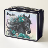 Mooi zwart paard met Blauwgroen bloemen (Achterkant)