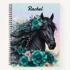 Mooi zwart paard met Blauwgroen bloemen Notitieboek