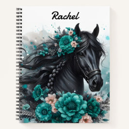 Mooi zwart paard met Blauwgroen bloemen Notitieboek