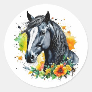 Mooi zwart paard omringd door gele bloemen ronde sticker