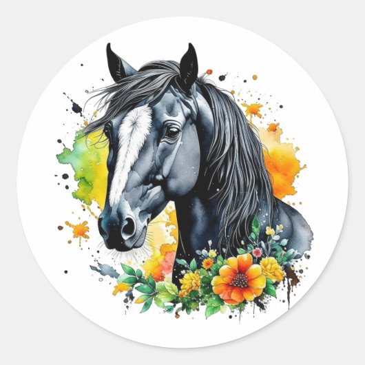 Mooi zwart paard omringd door gele bloemen ronde sticker (Voorkant)