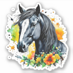 Mooi zwart paard omringd door gele bloemen sticker