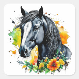 Mooi zwart paard omringd door gele bloemen vierkante sticker