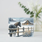 Mooi zwart paard op een kerst Boerderij Feestdagenkaart (Staand voorkant)