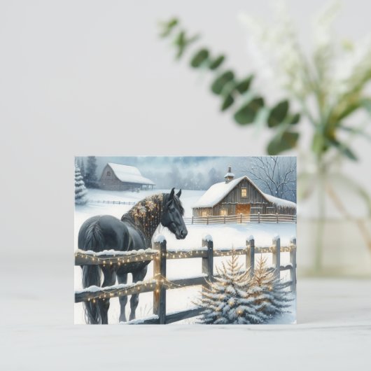Mooi zwart paard op een kerst Boerderij Feestdagenkaart (Staand voorkant)