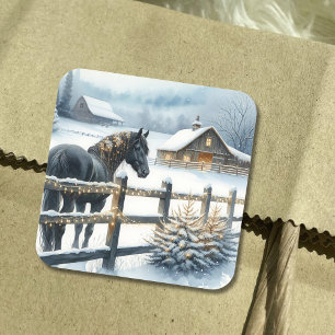 Mooi zwart paard op een kerst Boerderij Vierkante Sticker
