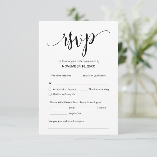 Mooi zwart script, RSVP, reageren Informatiekaartje (Staand voorkant)