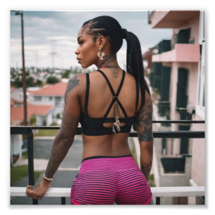 Mooi Zwart Tattoo Meisje in Roze Shorts Foto Afdruk