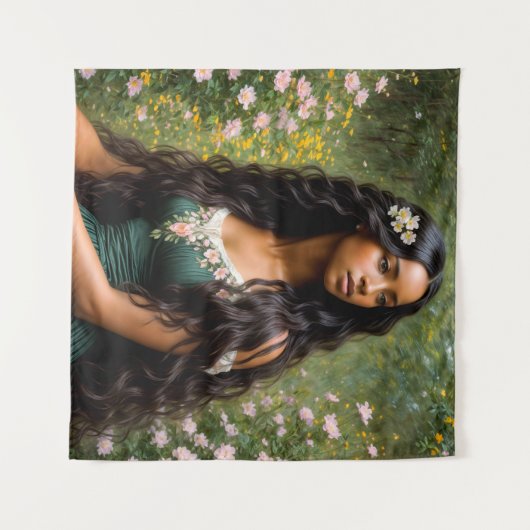 Mooi zwart vrouw bloemportret wandkleed (Voorkant (horizontaal))