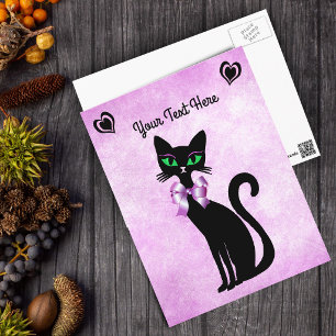 Mooi Zwarte Kat Groene Ogen Hartjes Strik op Roze Briefkaart