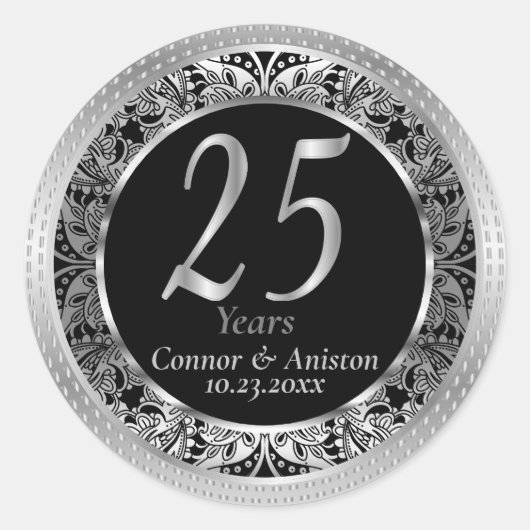 Mooie 25th Silver Metallic en Zwart Ronde Sticker (Voorkant)
