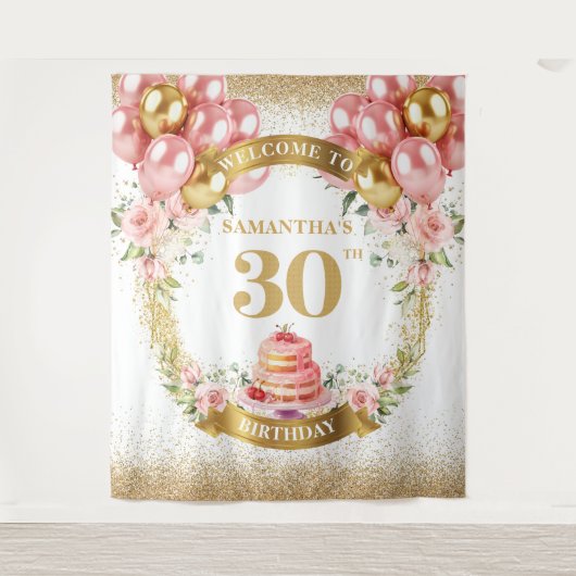 Mooie 30e verjaardag Blush Gold Waterverf Cake Wandkleed (Voorkant)